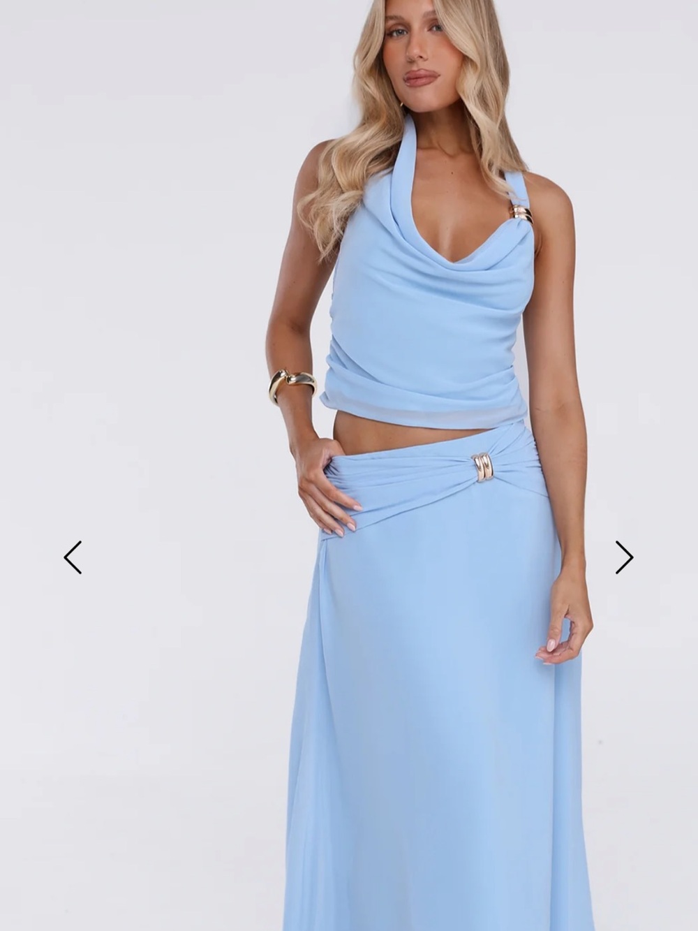 Hello Molly Light Blue Draped Maxi Dress with Gold Buckle